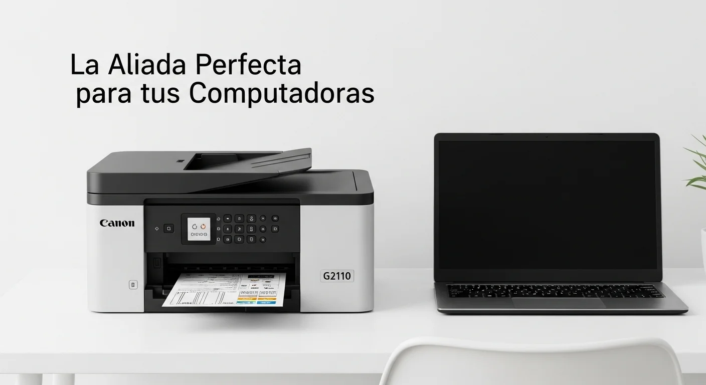 Impresora Canon G2110 en un escritorio moderno junto a una laptop, representando su uso con computadoras y en tecnología de oficina.