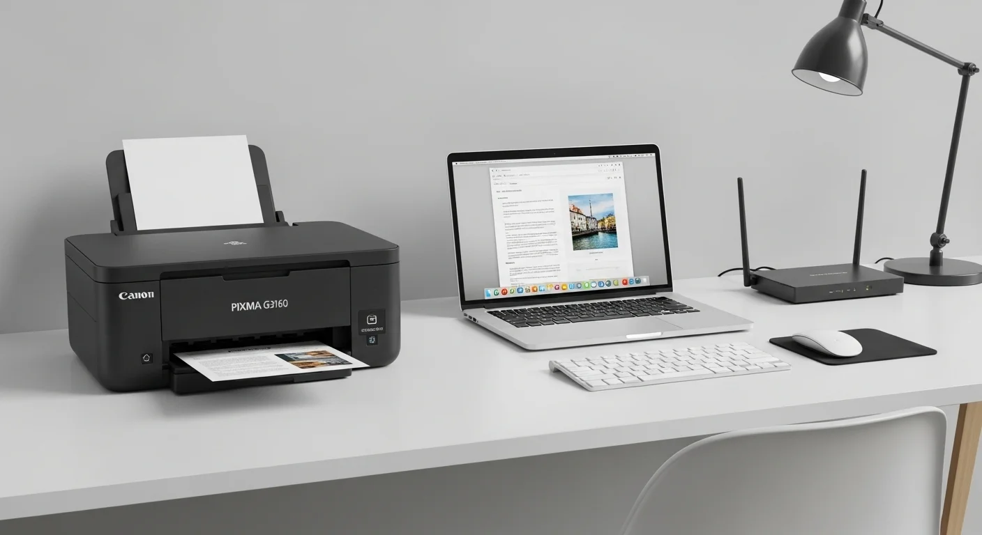 Una impresora Canon Pixma G3160 en un escritorio moderno junto a una laptop y accesorios de computadoras, mostrando un entorno de oficina productivo.