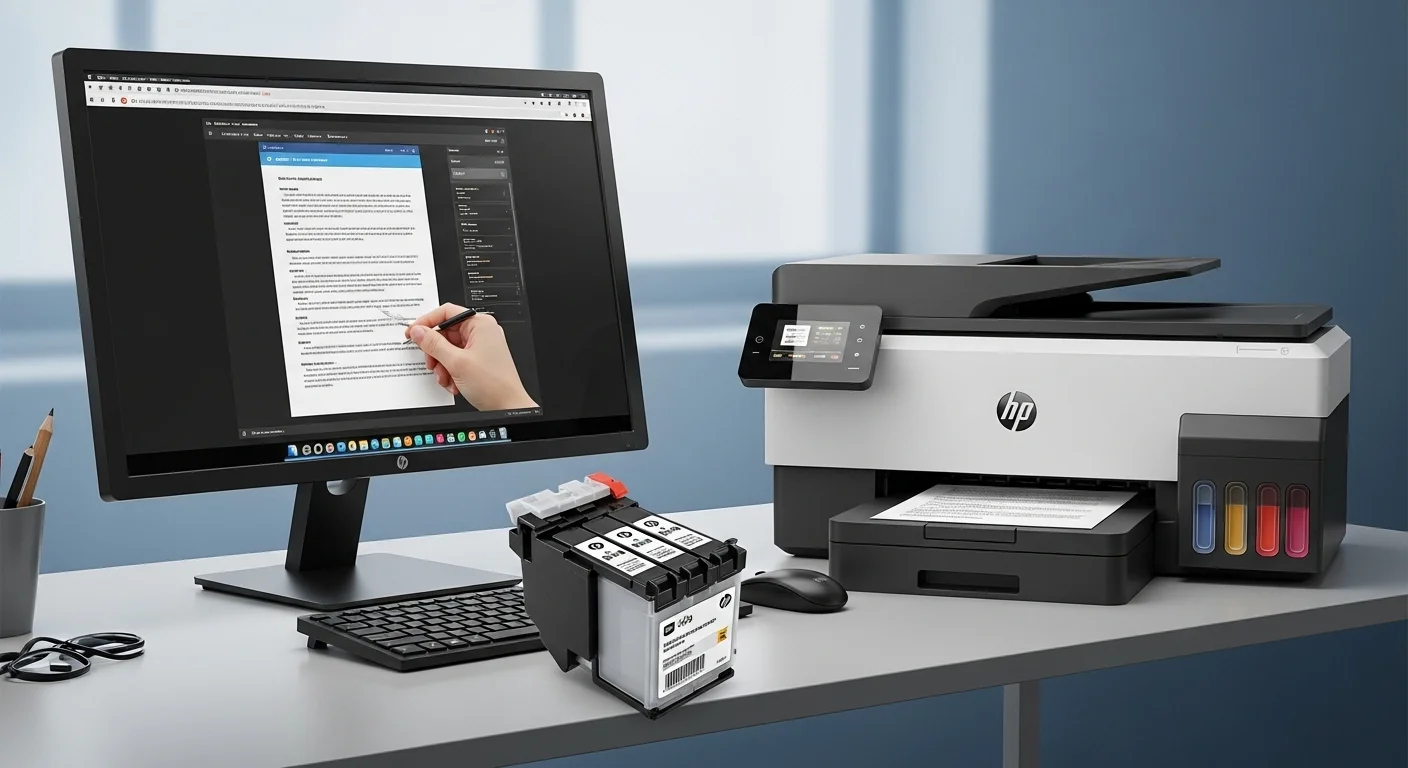 Escritorio de oficina con computadoras y una impresora HP, destacando la importancia de los cartuchos de tinta.