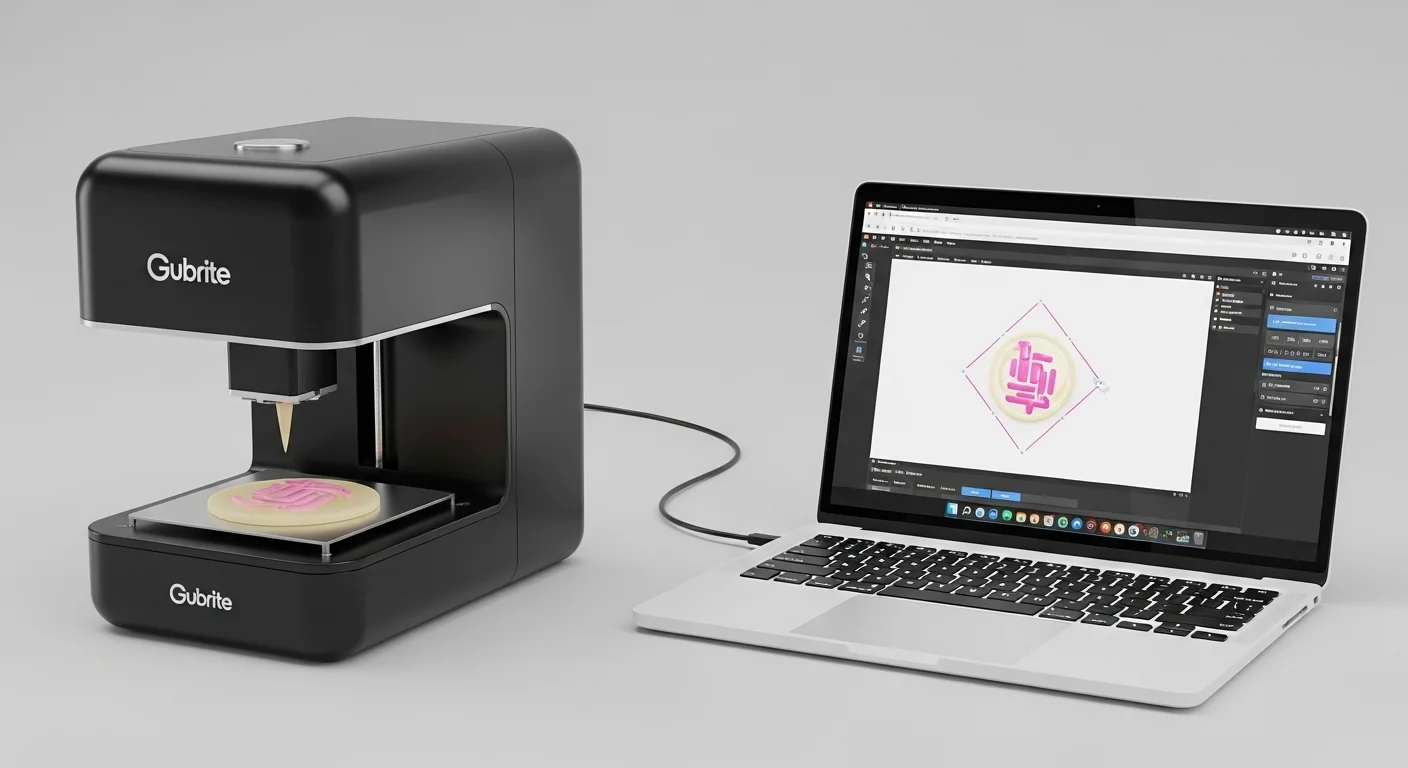 Una impresora comestible moderna conectada a una laptop que muestra un software de diseño, simbolizando la unión de computadoras y tecnología de repostería.