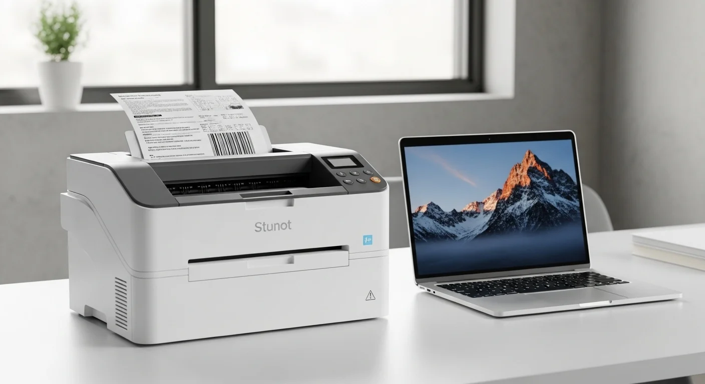 Una impresora continua moderna de color blanco en un escritorio de oficina junto a una computadora portátil, mostrando su integración tecnológica.