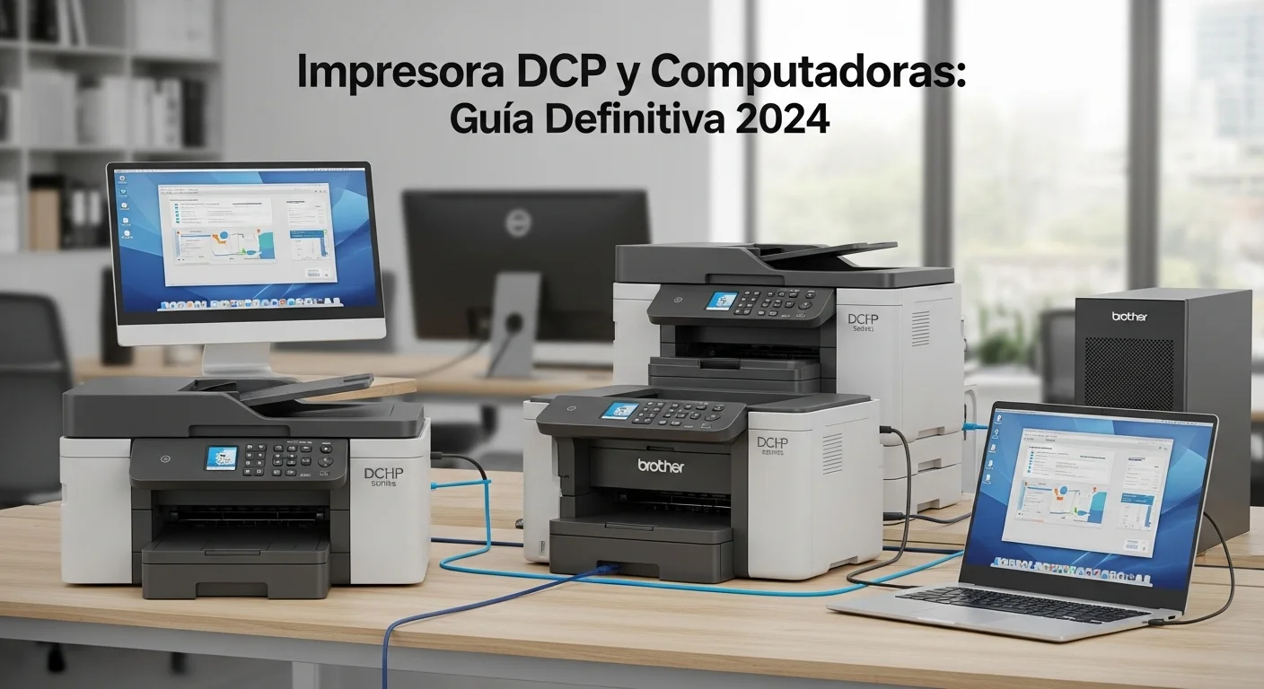 Tres impresoras de la serie Brother DCP junto a una laptop y una computadora de escritorio en un entorno de oficina moderno, destacando la conectividad.