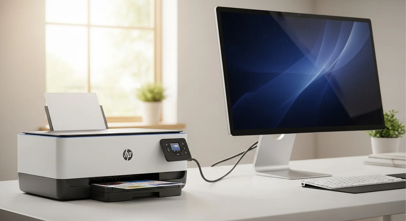 Una impresora Deskjet HP conectada a una moderna computadora de escritorio en un entorno de oficina, mostrando la sinergia entre ambos dispositivos.