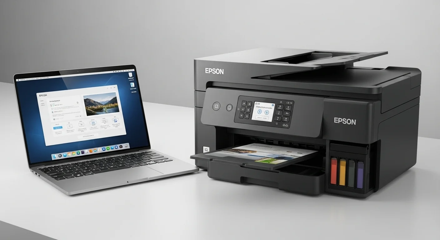 Una impresora EcoTank multifuncional de Epson junto a una laptop moderna, mostrando la sinergia entre computadoras y periféricos de oficina.