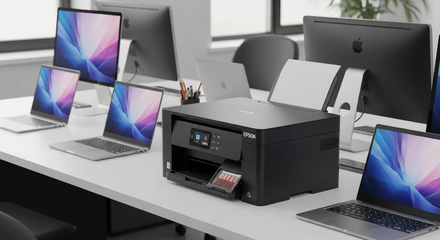 Una impresora Epson Ecotank en un escritorio moderno junto a varias computadoras, representando la integración tecnológica en la oficina.