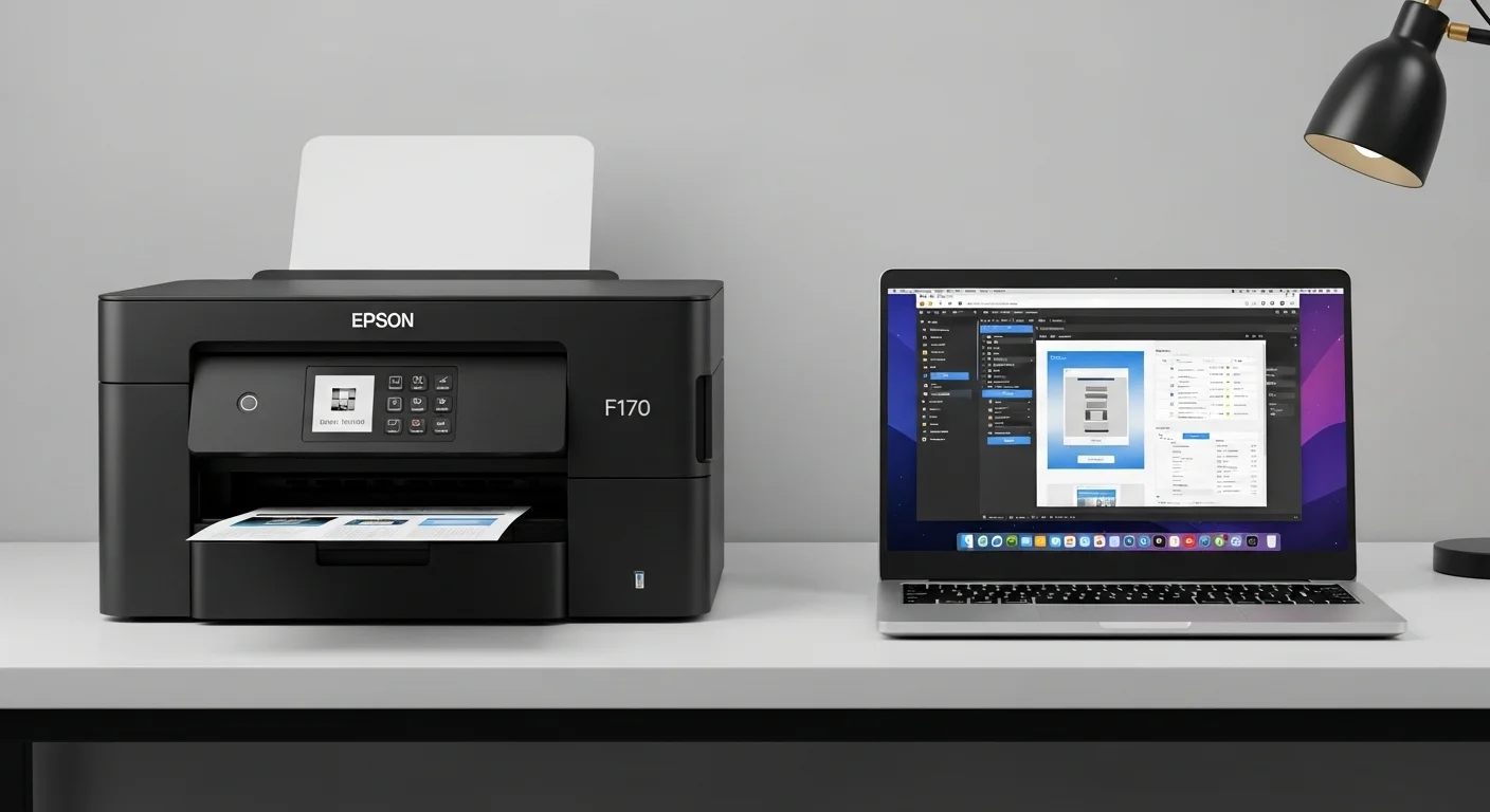 Una impresora Epson F170 en un escritorio moderno junto a una potente computadora portátil mostrando un software de diseño, simbolizando la conexión entre computadoras y tecnología de impresión.