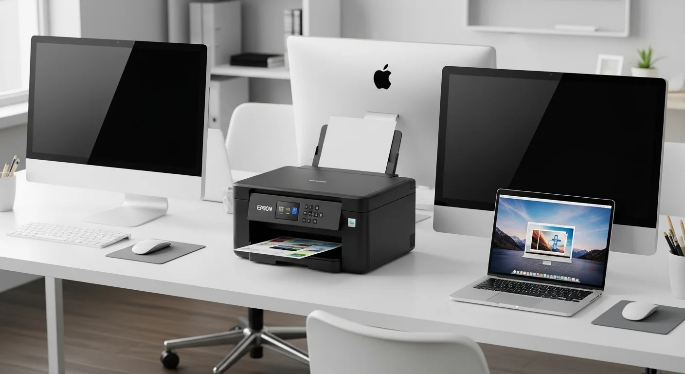 Impresora Epson L1210 en un escritorio moderno junto a varias computadoras y una laptop, mostrando un entorno de trabajo eficiente.