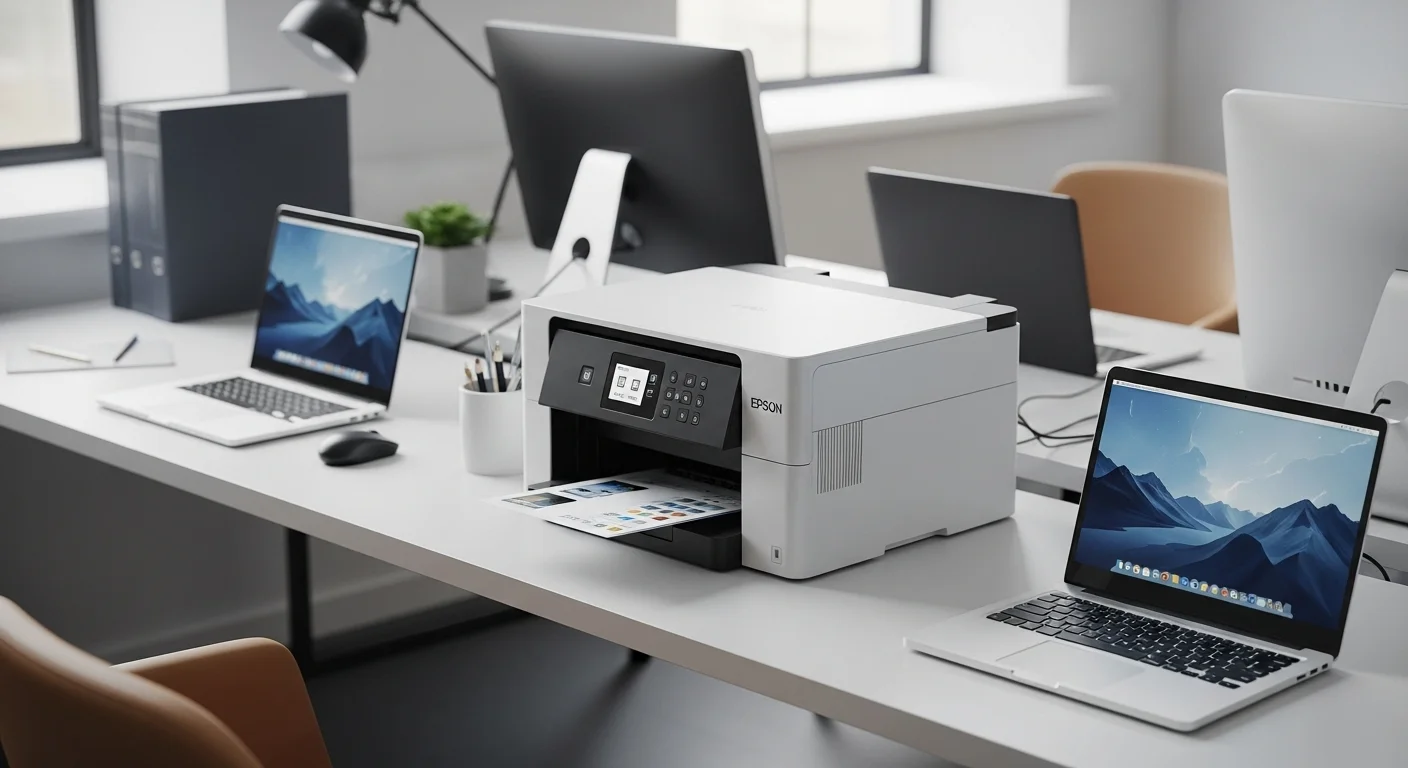 Una impresora Epson L3110 en un escritorio moderno junto a varias computadoras portátiles y de escritorio, mostrando un entorno de oficina tecnológico.