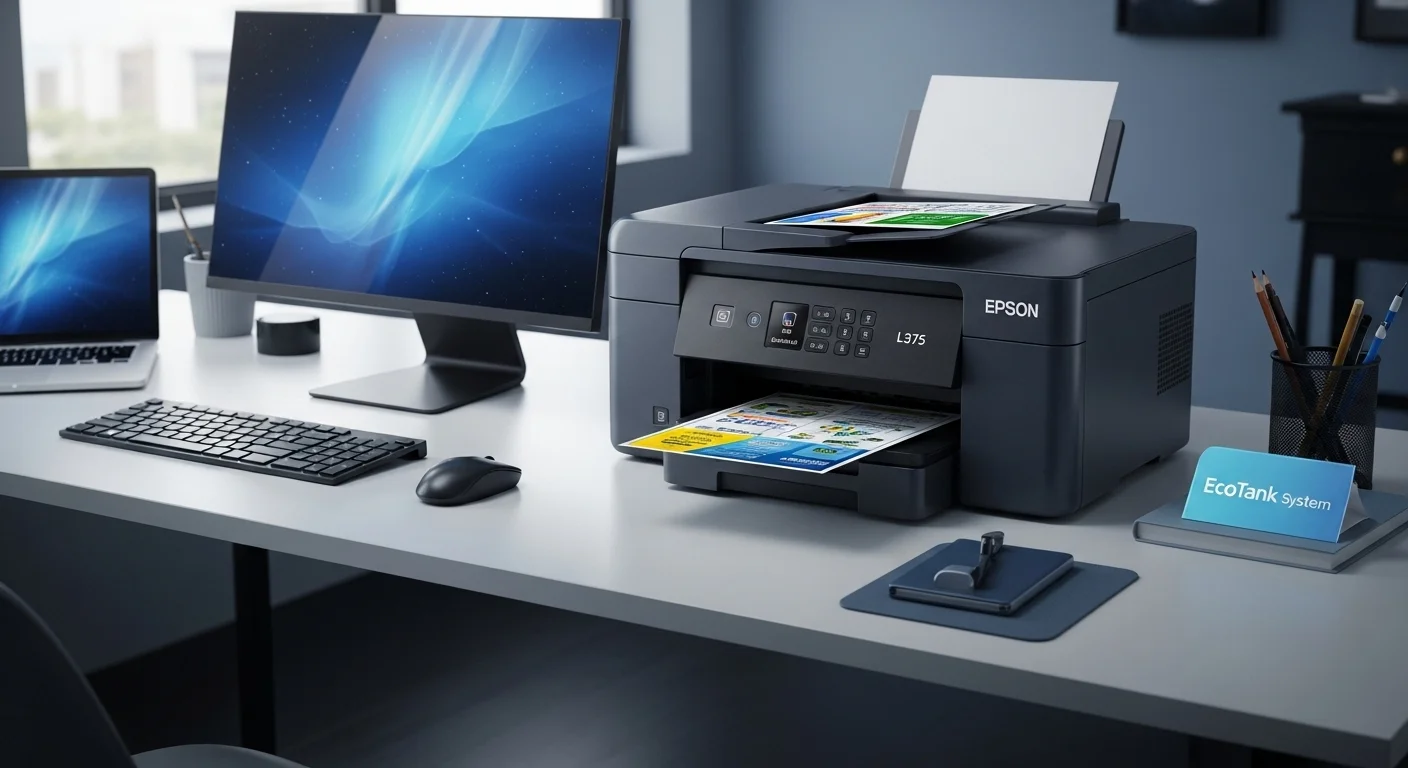 Impresora Epson L375 en un escritorio moderno junto a computadoras y accesorios de oficina, mostrando su sistema EcoTank.