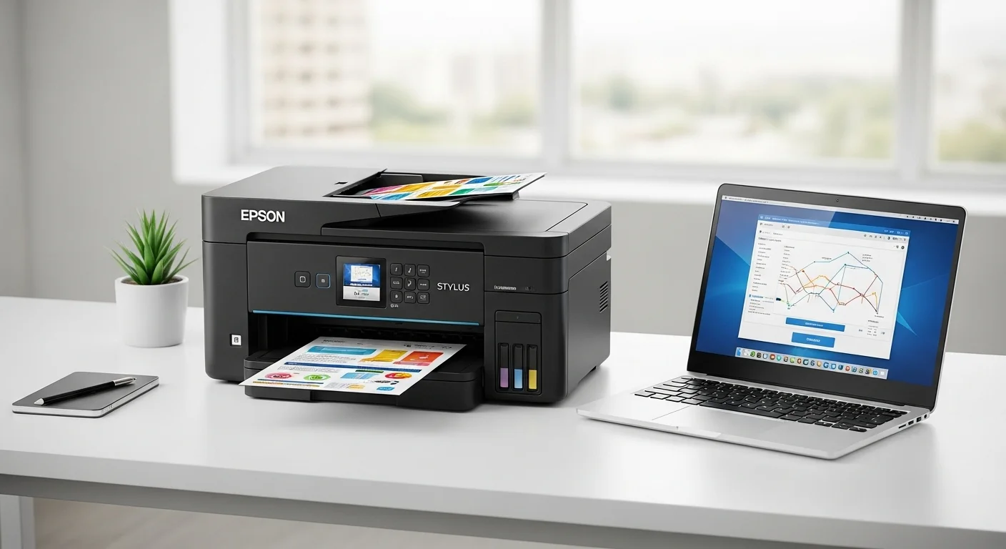 Una impresora multifuncional Epson Stylus junto a una moderna laptop, representando la conexión entre computadoras y equipos de oficina.