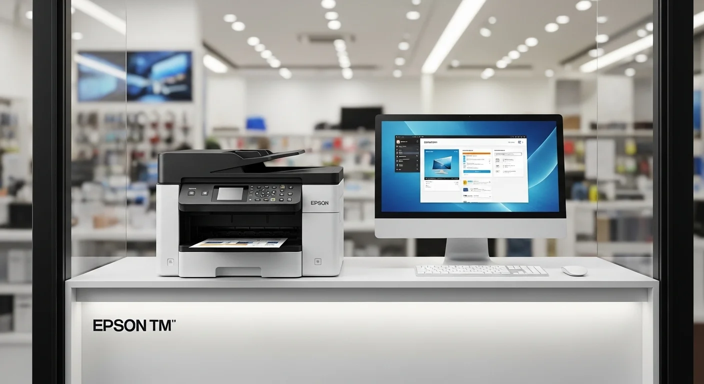 Una impresora Epson Tm junto a un monitor de computadora en un mostrador de una tienda moderna, simbolizando la tecnología y la eficiencia en el punto de venta.