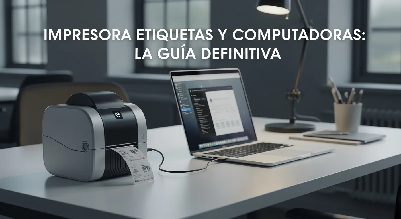 Imagen de una impresora de etiquetas moderna conectada a una computadora portátil en un entorno de oficina, mostrando eficiencia tecnológica.