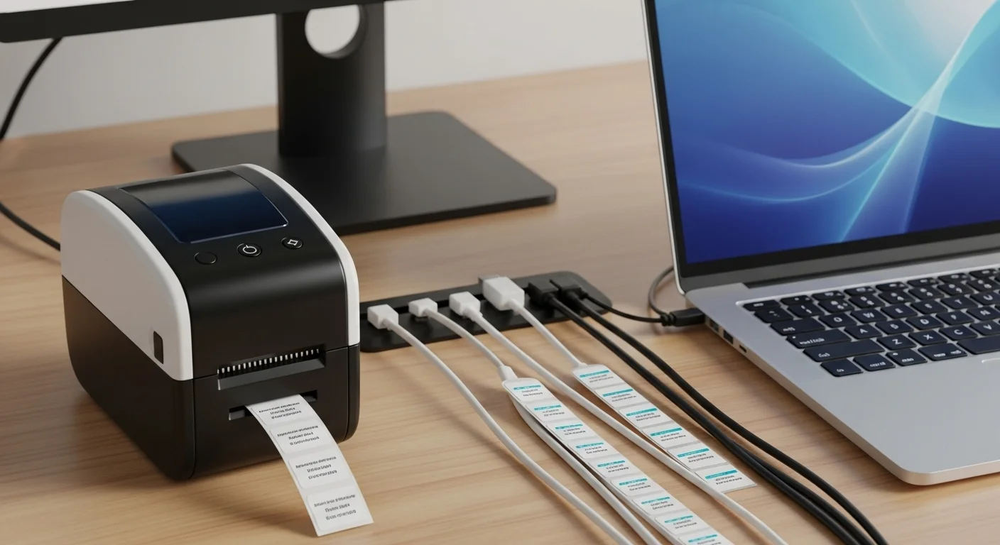 Una impresora de etiquetas adhesivas junto a una computadora portátil, con etiquetas recién impresas organizando los cables de la estación de trabajo.