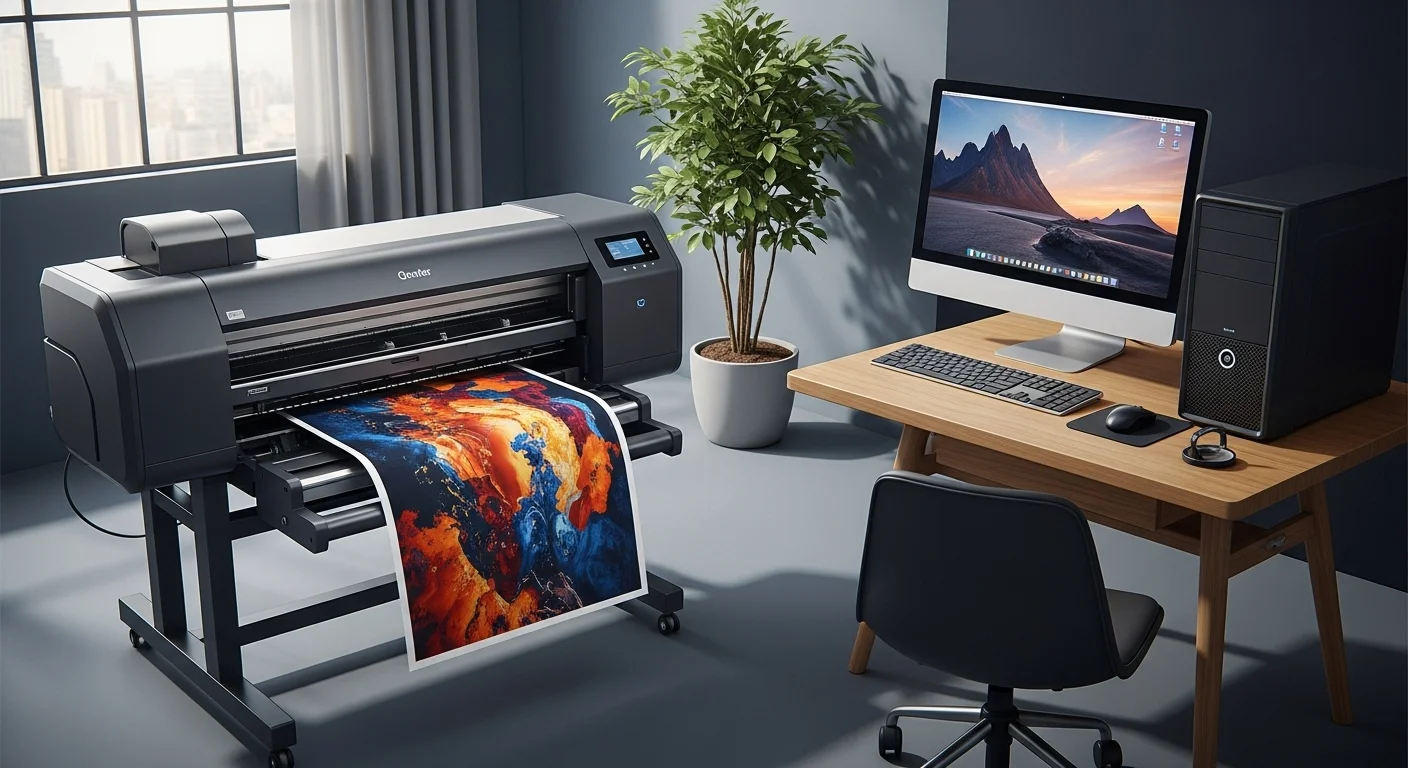 Una impresora de fotos profesional de gran formato imprimiendo una imagen colorida, conectada a una potente computadora de escritorio en un estudio.