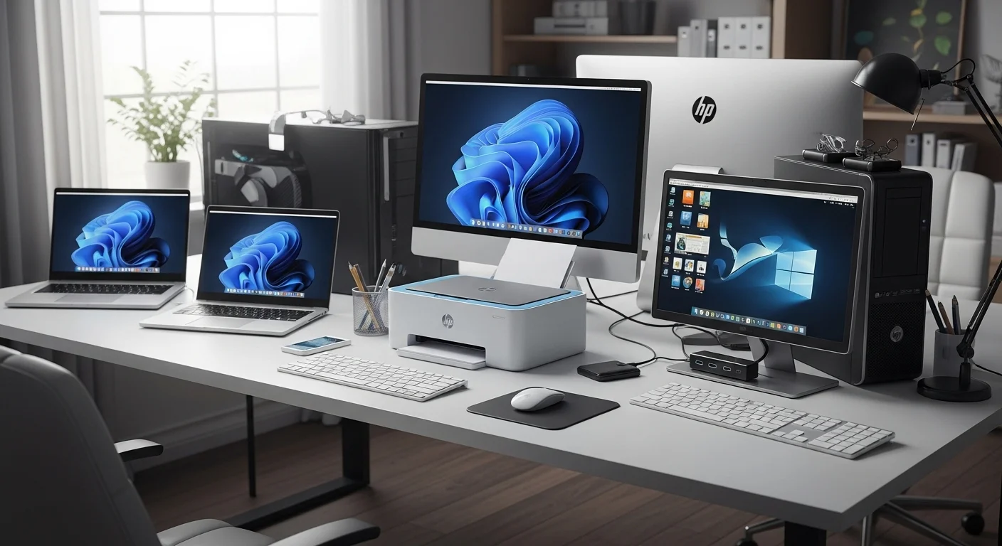 Impresora hp 107w en un escritorio moderno junto a varias computadoras y accesorios de oficina tecnológicos