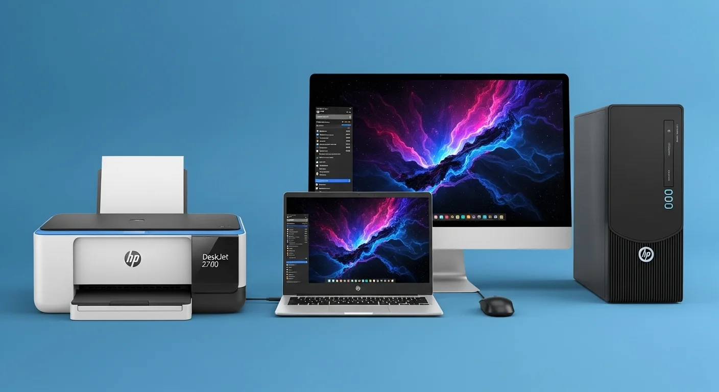 Una impresora HP Deskjet 2700 al lado de una laptop y una computadora de escritorio, mostrando la conectividad entre los dispositivos.
