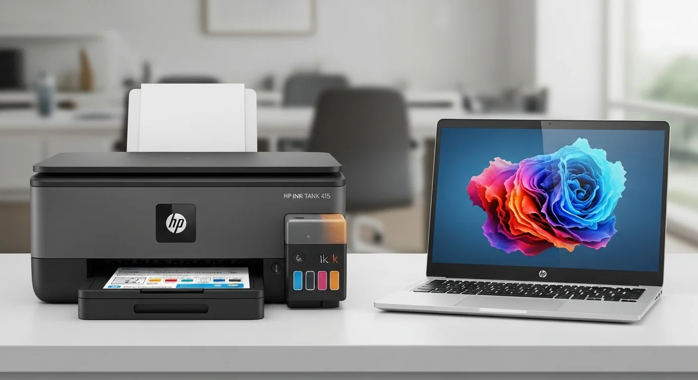 Una impresora HP Ink Tank 415 junto a una laptop moderna, representando la sinergia entre computadoras y periféricos de oficina eficientes.