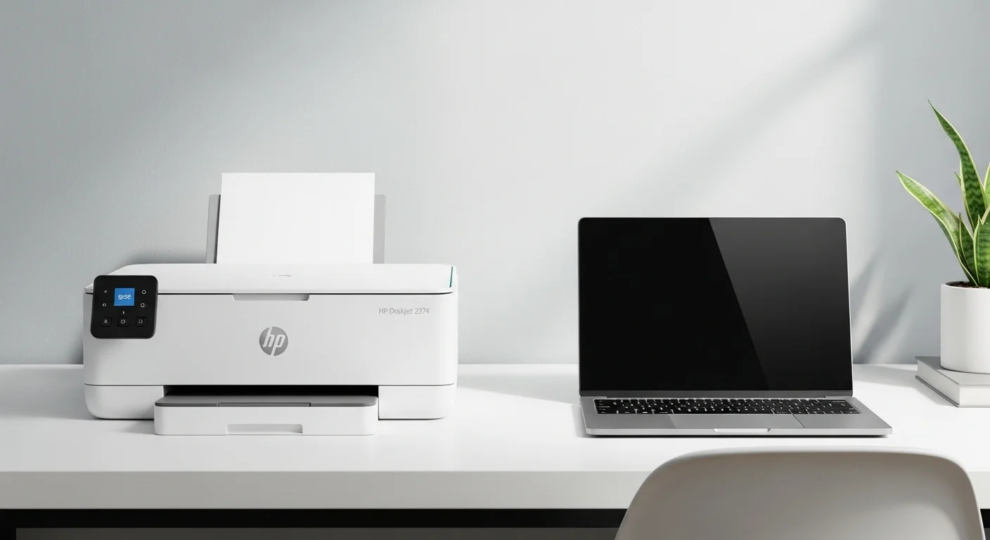 Una impresora HP Deskjet 2374 blanca colocada en un moderno escritorio junto a una laptop, representando el entorno de oficina en casa y la conexión con computadoras.