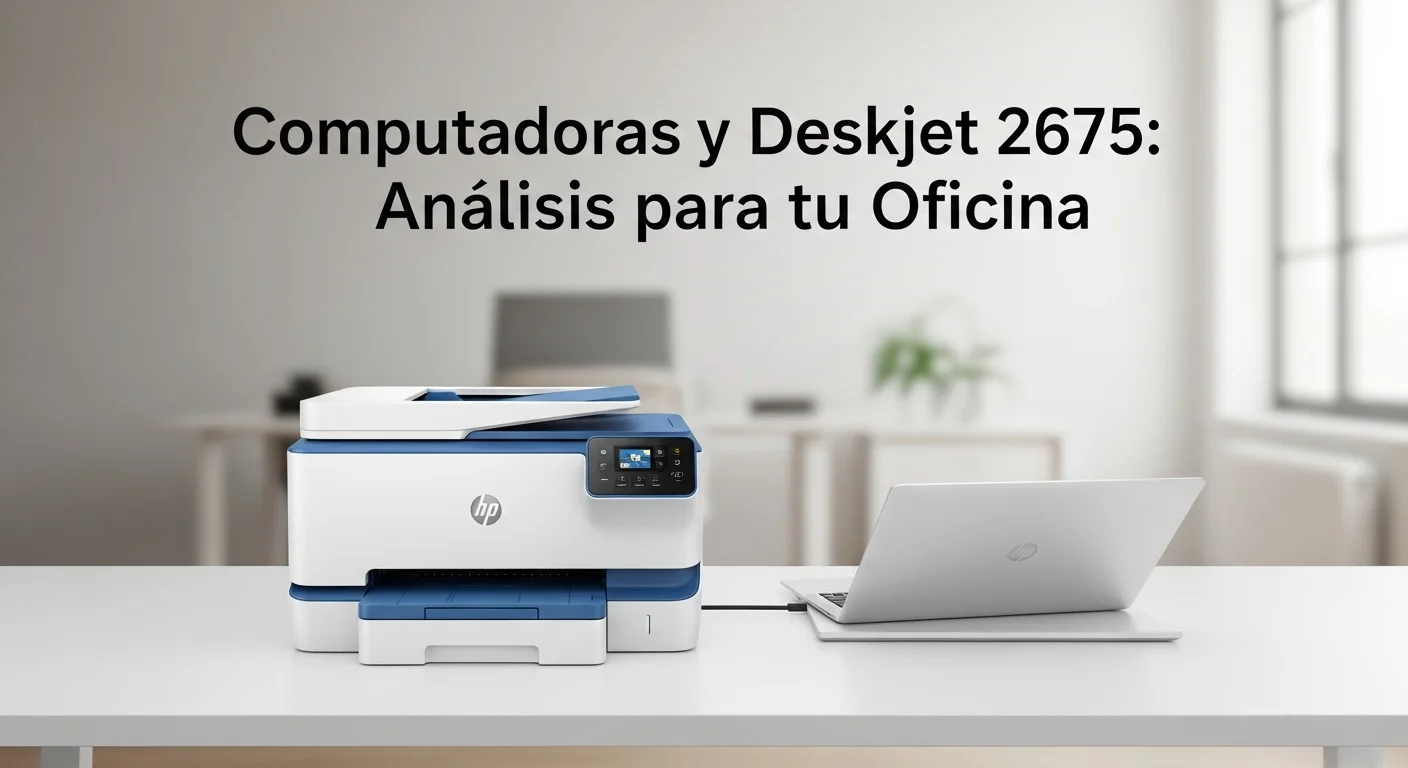 Impresora multifuncional HP Deskjet 2675 blanca y azul conectada a una computadora portátil, mostrando la sinergia entre los dispositivos de oficina.