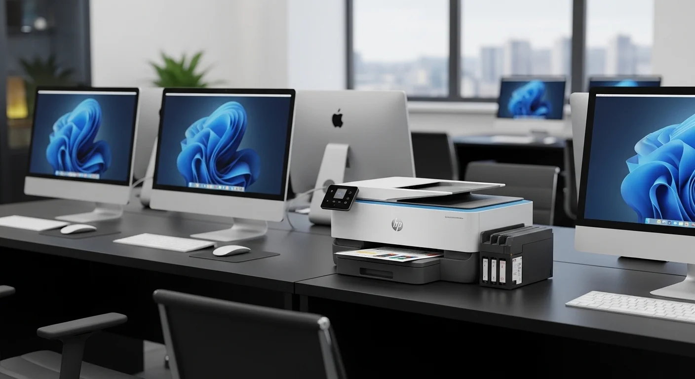 Impresora HP Deskjet 5820 en un escritorio moderno junto a varias computadoras y accesorios de oficina, mostrando un entorno de trabajo productivo.