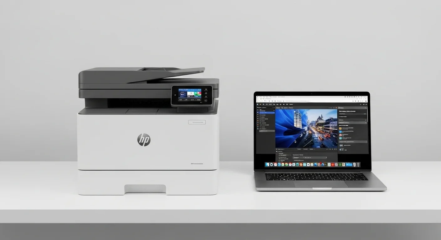 Una impresora HP multifunción colocada en un escritorio moderno junto a una computadora portátil, mostrando la sinergia entre los equipos de tecnología.