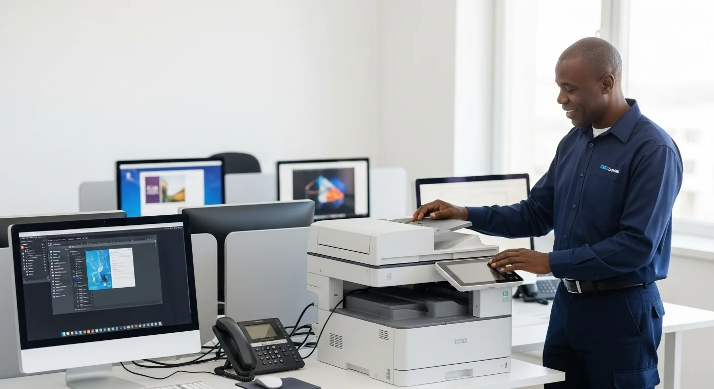 Técnico revisando una impresora multifuncional conectada a varias computadoras en un entorno de oficina moderno.