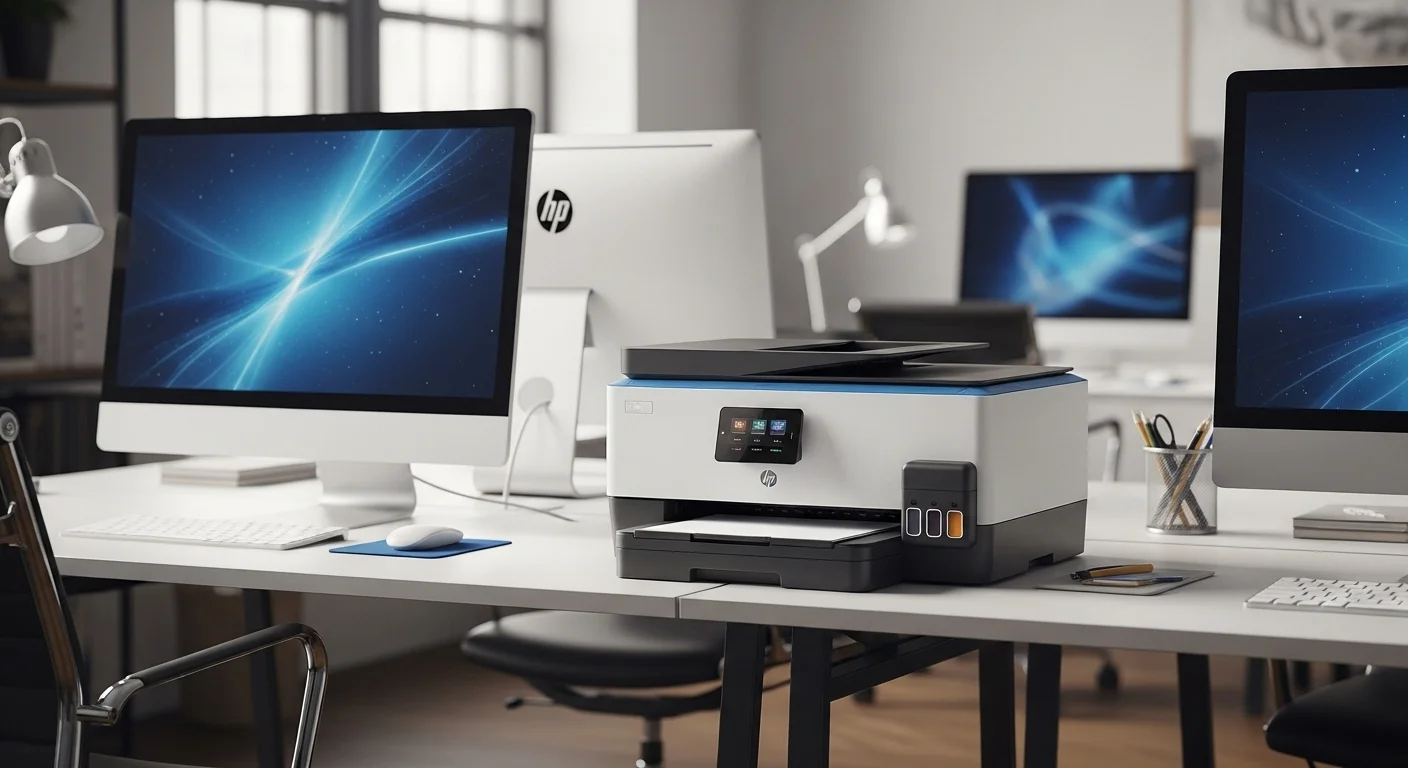 Una impresora ink tank HP en un escritorio moderno junto a varias computadoras, mostrando un entorno de oficina eficiente y tecnológico.