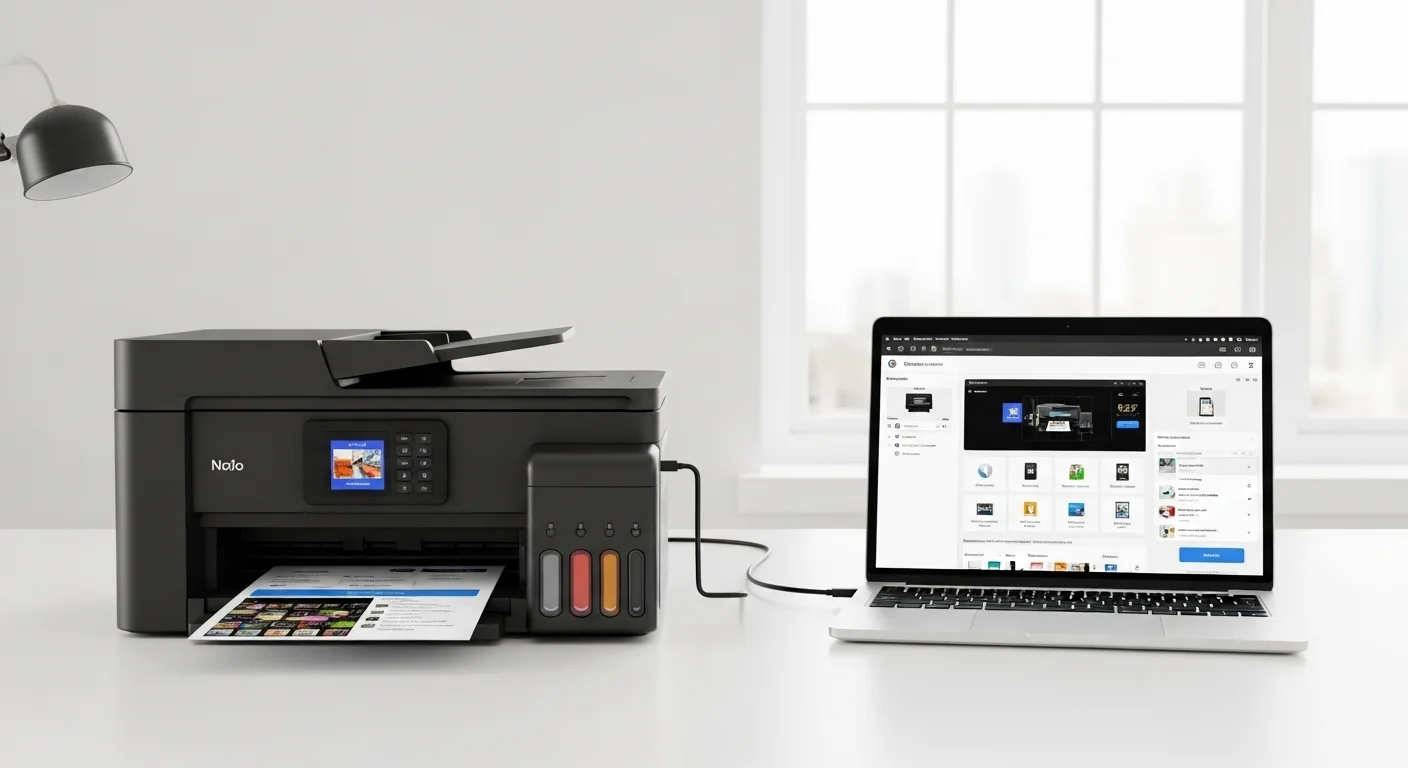 Moderna impresora inkjet multifuncional conectada a una laptop, mostrando la sinergia entre computadoras y la tecnología Inkjet.