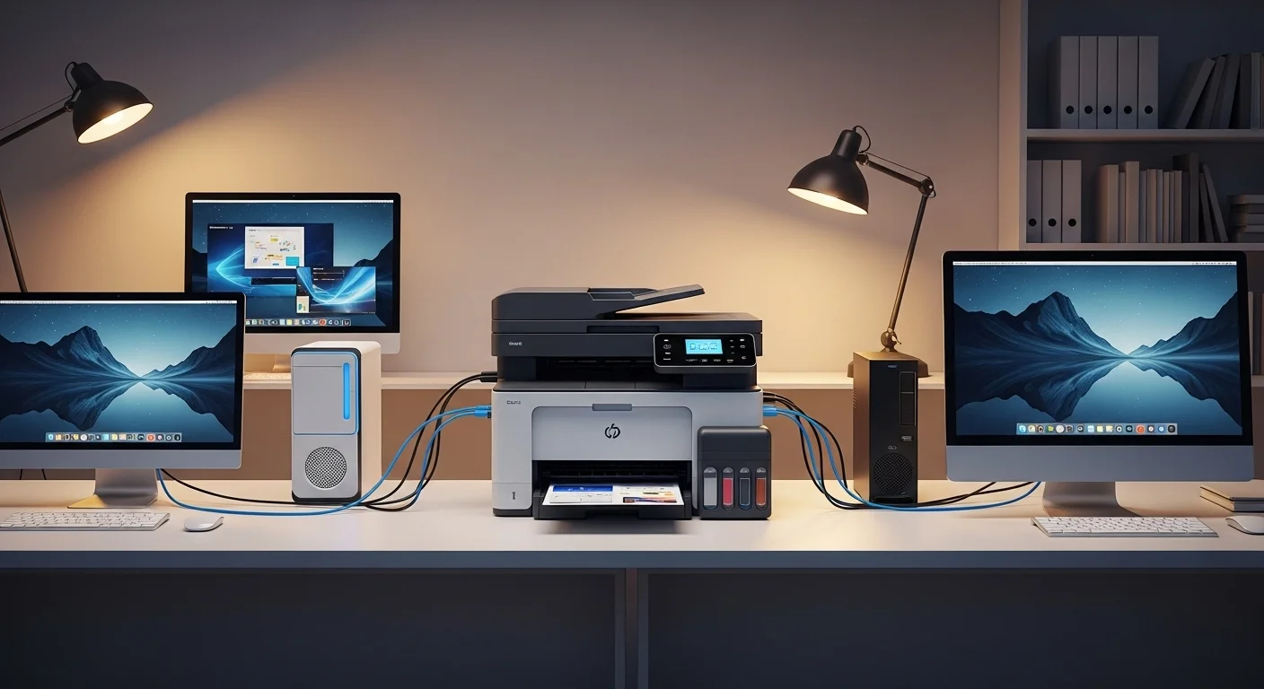 Una impresora de inyección de tinta moderna multifunción conectada a varias computadoras en un entorno de oficina, mostrando su versatilidad.