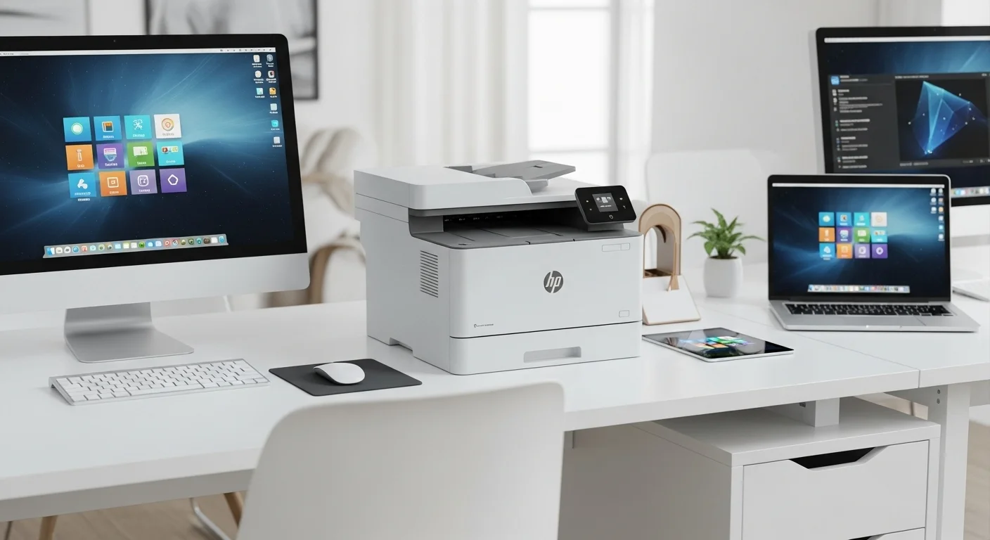Impresora láser HP 107w en un escritorio moderno junto a varias computadoras, demostrando su uso en un entorno de oficina.