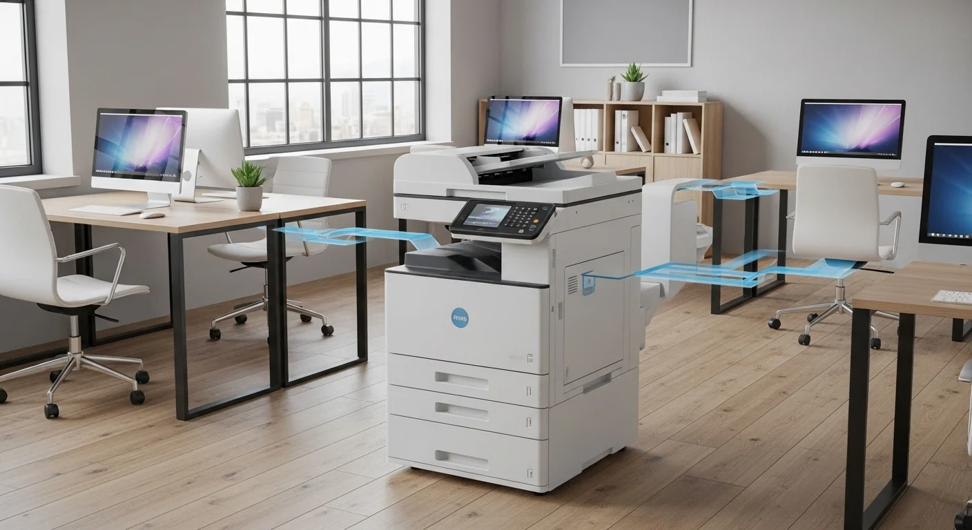 Una moderna impresora láser color multifunción en un entorno de oficina, conectada a varias computadoras, mostrando eficiencia y tecnología.