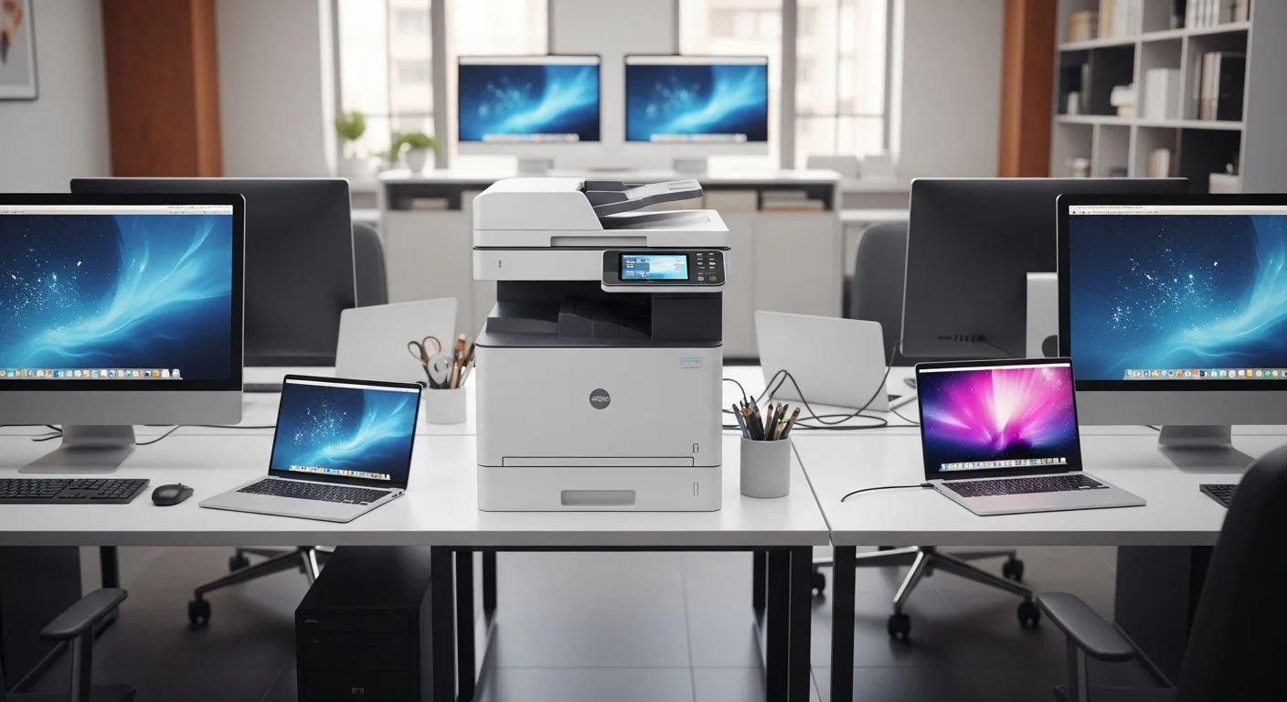 Una impresora laser multifunción de última generación en una oficina moderna, conectada a varias computadoras y laptops, simbolizando la eficiencia tecnológica.