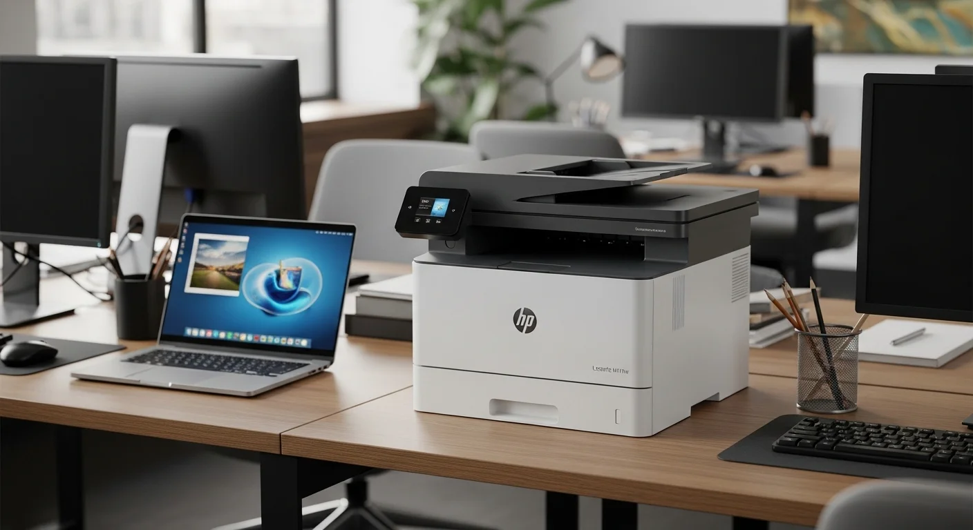 Una moderna impresora HP LaserJet M111w en un escritorio de oficina junto a varias computadoras y laptops, mostrando un entorno de trabajo conectado y tecnológico.