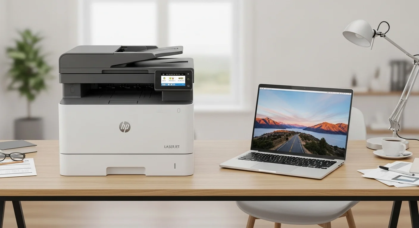 Impresora HP LaserJet multifunción en un escritorio de oficina junto a una computadora portátil, mostrando la sinergia entre computadoras y LaserJet.