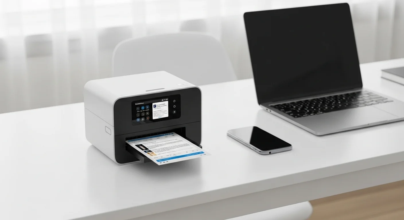 Una impresora móvil moderna sobre un escritorio junto a una laptop y un smartphone, mostrando la conectividad entre computadoras y la tecnología de impresión portátil.