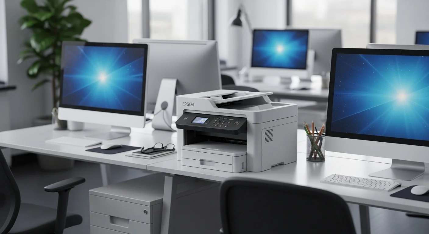 Impresora multifuncional Epson L3210 en un escritorio moderno junto a varias computadoras, demostrando su integración en un entorno de oficina tecnológica.