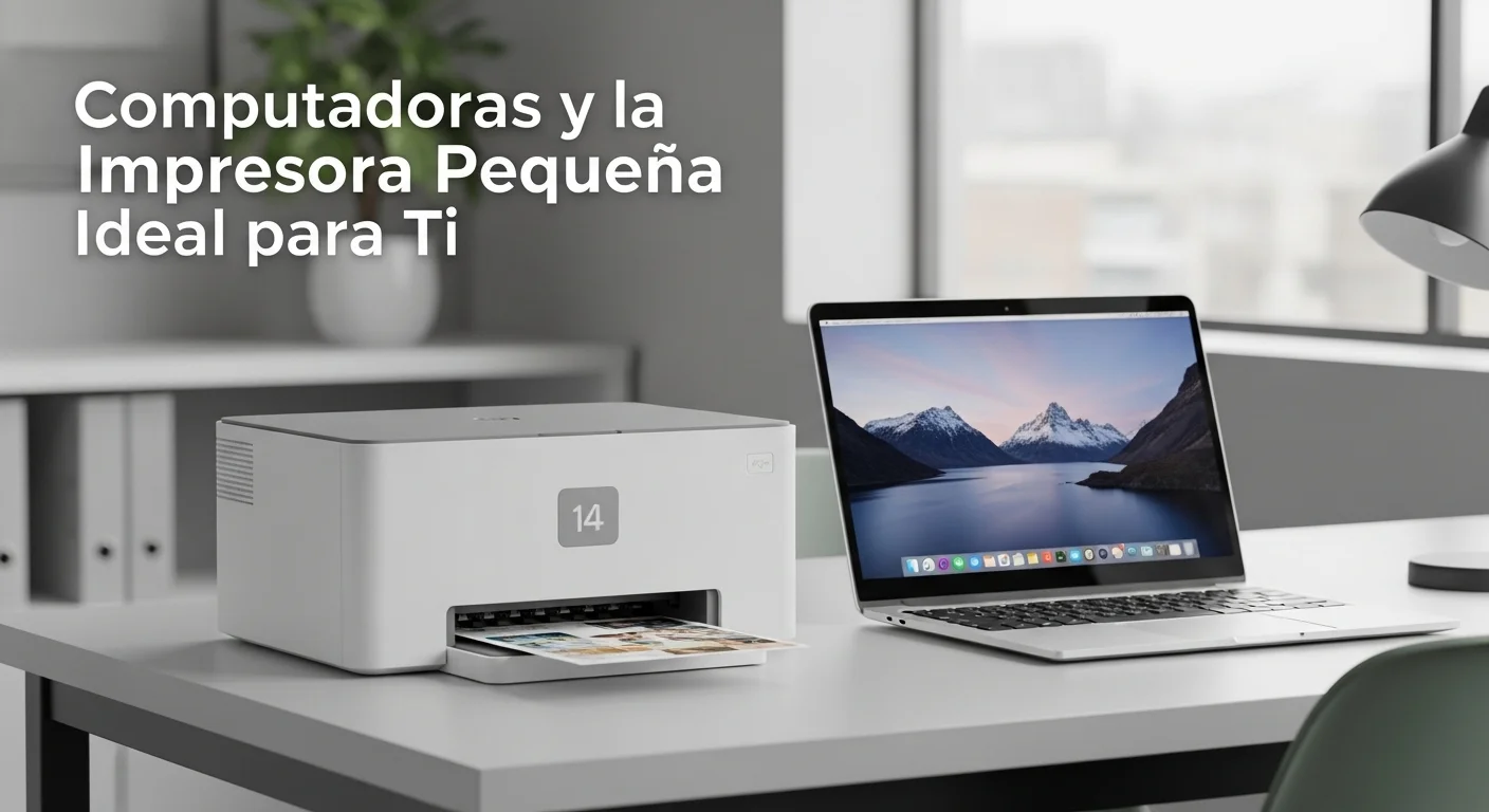 Una impresora pequeña y moderna junto a una laptop en un escritorio de oficina, mostrando la integración con computadoras.