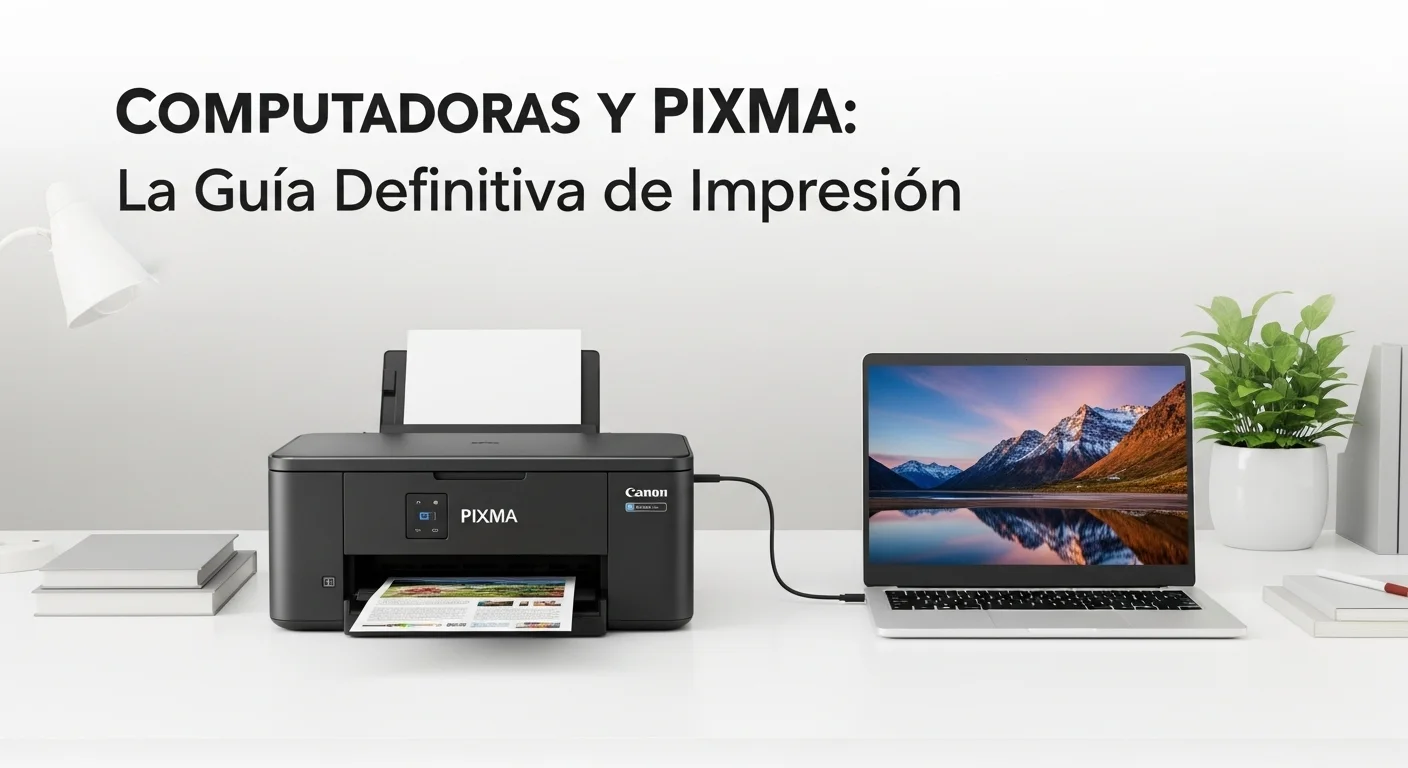 Impresora Canon Pixma conectada a una computadora portátil en un moderno escritorio de oficina, simbolizando la sinergia tecnológica