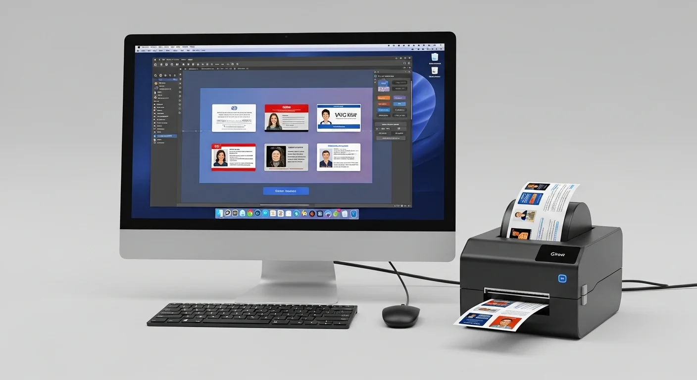 Una impresora de tarjetas PVC de última generación conectada a una computadora de escritorio, mostrando el proceso de diseño de credenciales en pantalla.