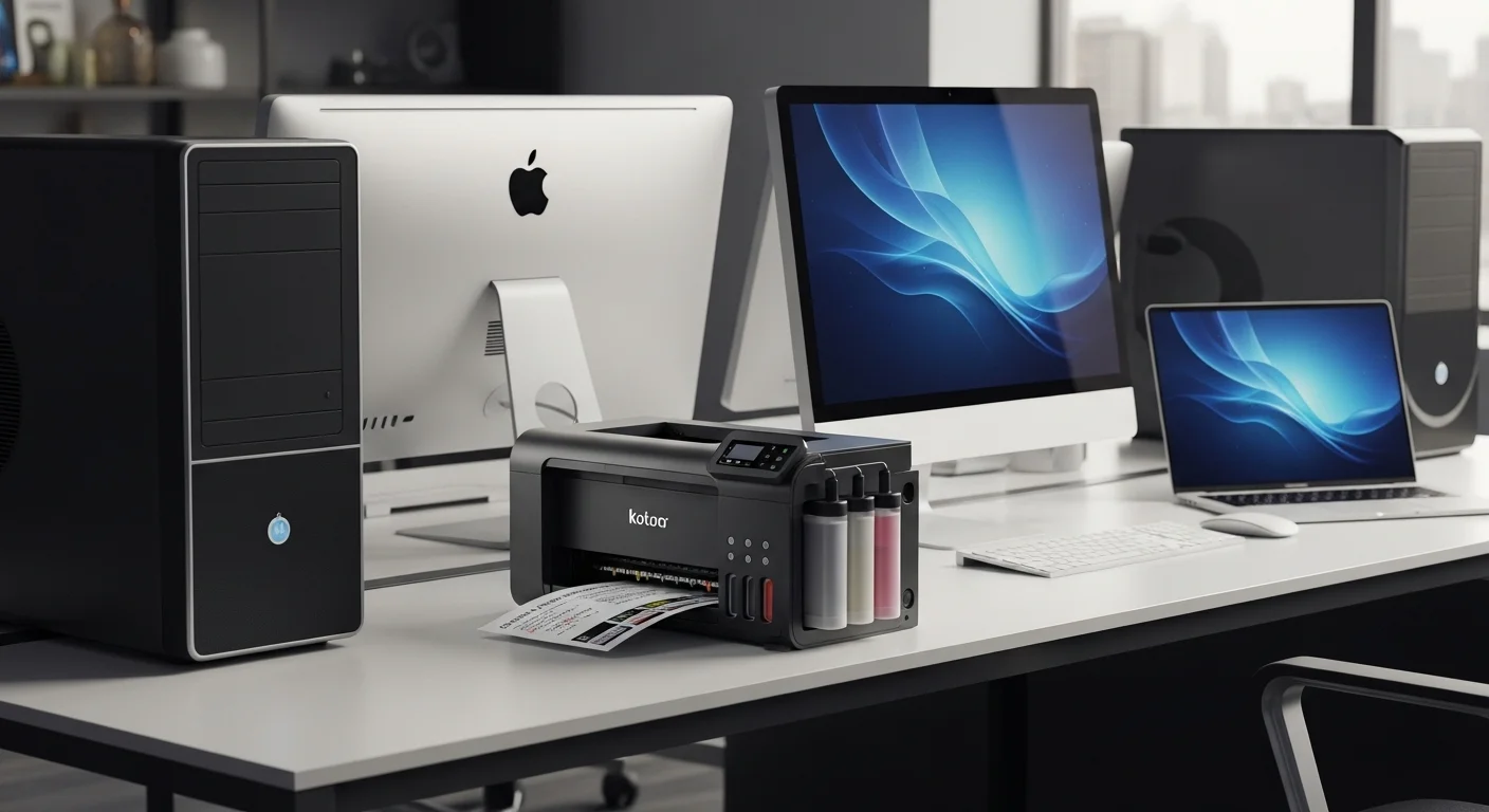 Una impresora de sistema de tinta continuo moderna en un escritorio de oficina junto a varias computadoras, mostrando un entorno de trabajo eficiente.