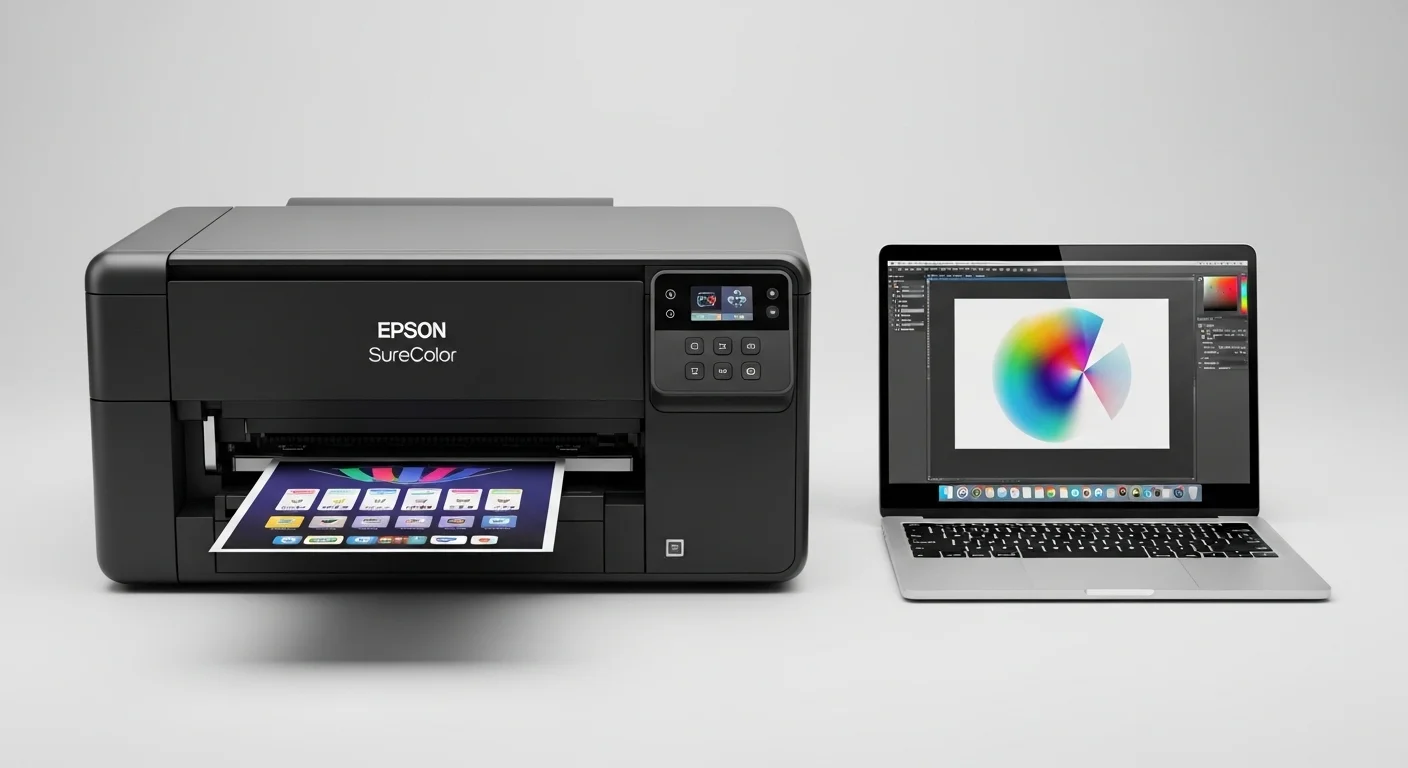 Una impresora de sublimación Epson de la serie SureColor junto a una computadora portátil mostrando un software de diseño gráfico, simbolizando la conexión entre computadoras y la impresora sublimacion.