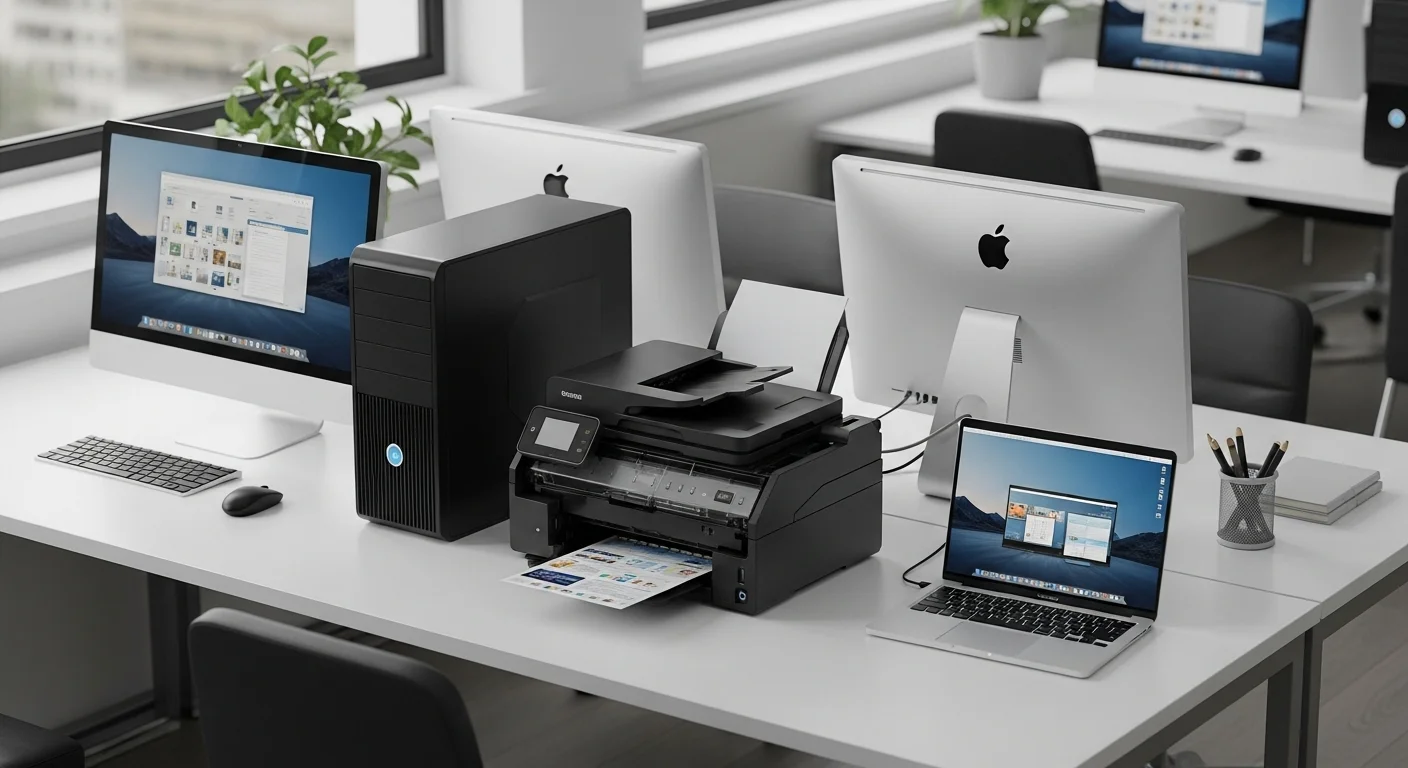 Una impresora Tank moderna junto a varias computadoras de escritorio y laptops en un entorno de oficina, mostrando conectividad y productividad.
