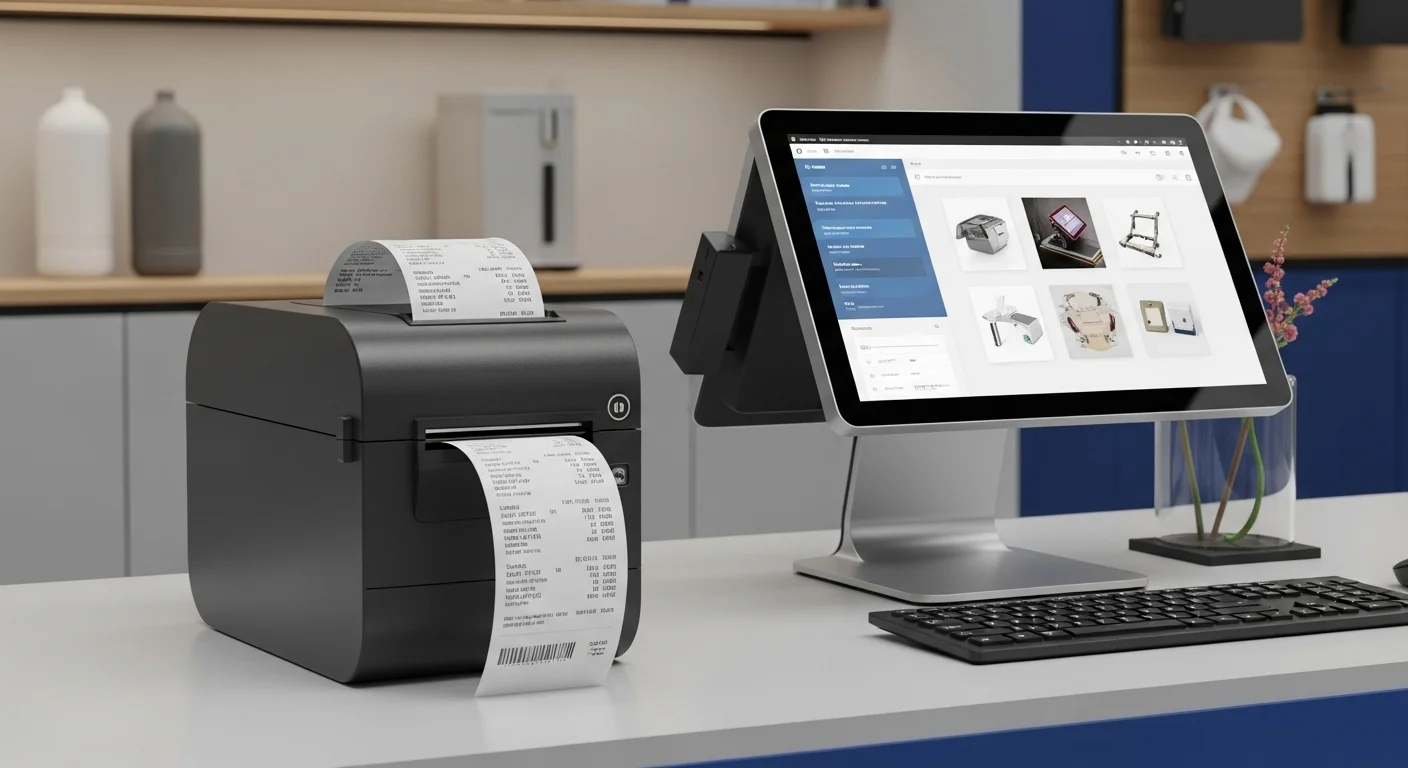 Una impresora térmica de 80mm imprimiendo un recibo junto a un moderno sistema de punto de venta con una computadora con pantalla táctil en un entorno comercial.