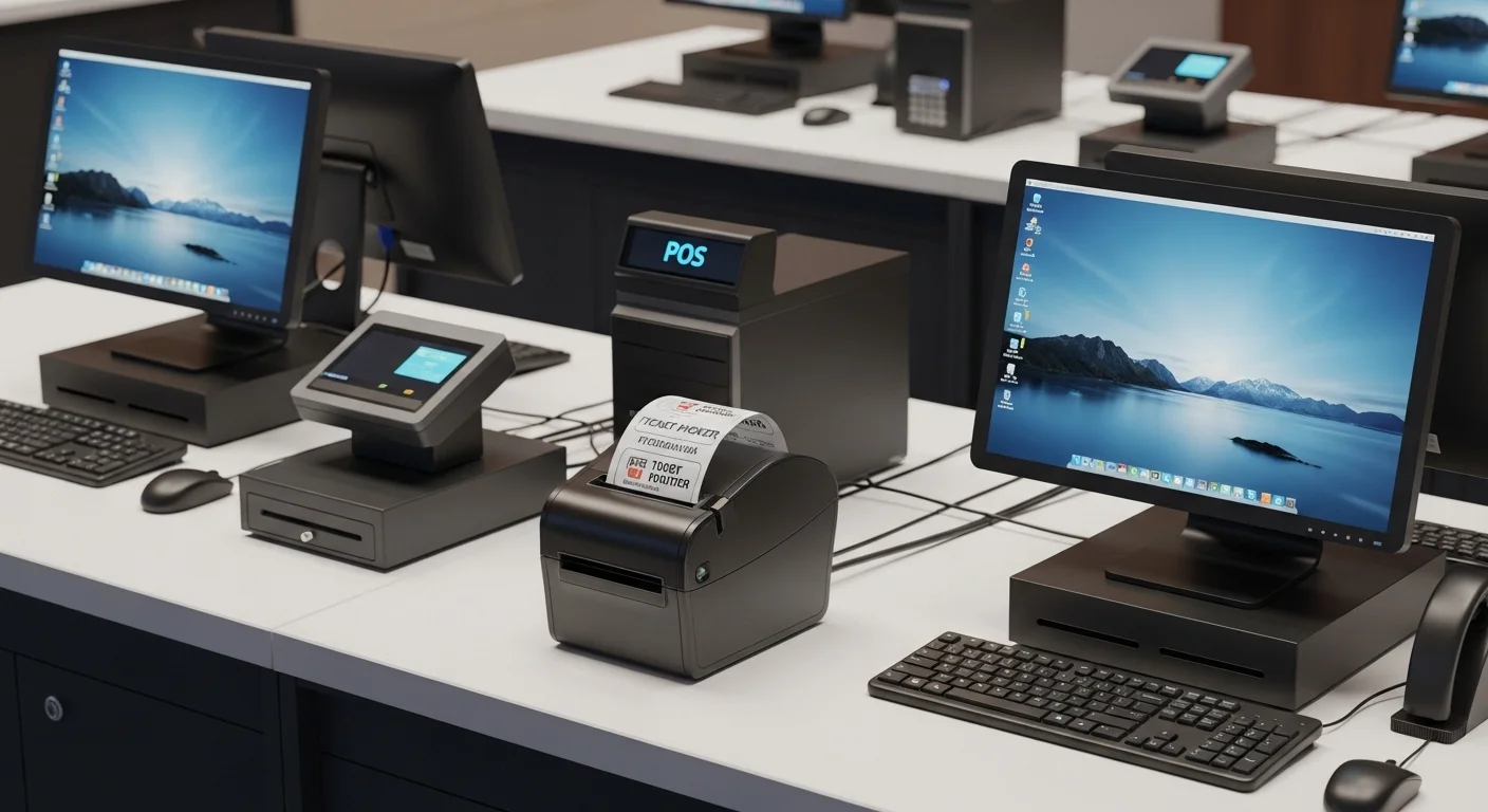 Una impresora de tickets térmica en un mostrador de tienda, conectada a varias computadoras y un sistema POS, ejemplificando la tecnología de oficina moderna.