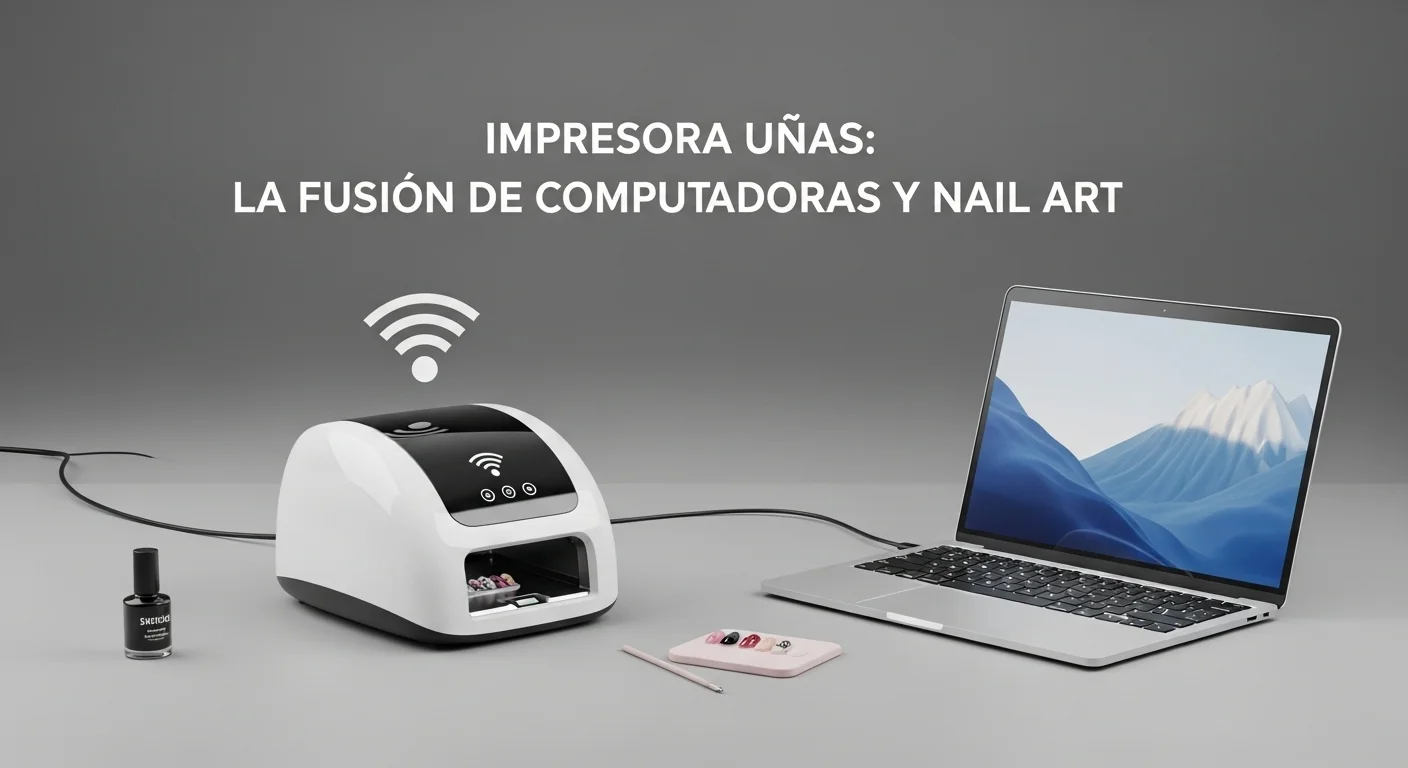 Una impresora de uñas moderna conectada de forma inalámbrica a una laptop, mostrando la sinergia entre computadoras y tecnología de belleza