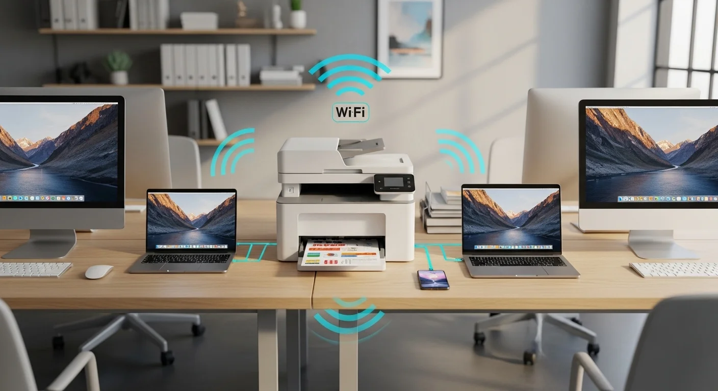 Una impresora wifi moderna en una oficina, conectada de forma inalámbrica a varias computadoras, una laptop y un smartphone, demostrando la flexibilidad de la impresión sin cables.