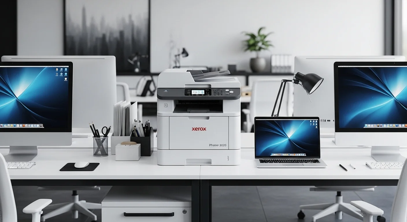 Impresora Xerox Phaser 3020 en un escritorio moderno junto a varias computadoras y accesorios de oficina, mostrando un entorno de trabajo tecnológico y productivo.