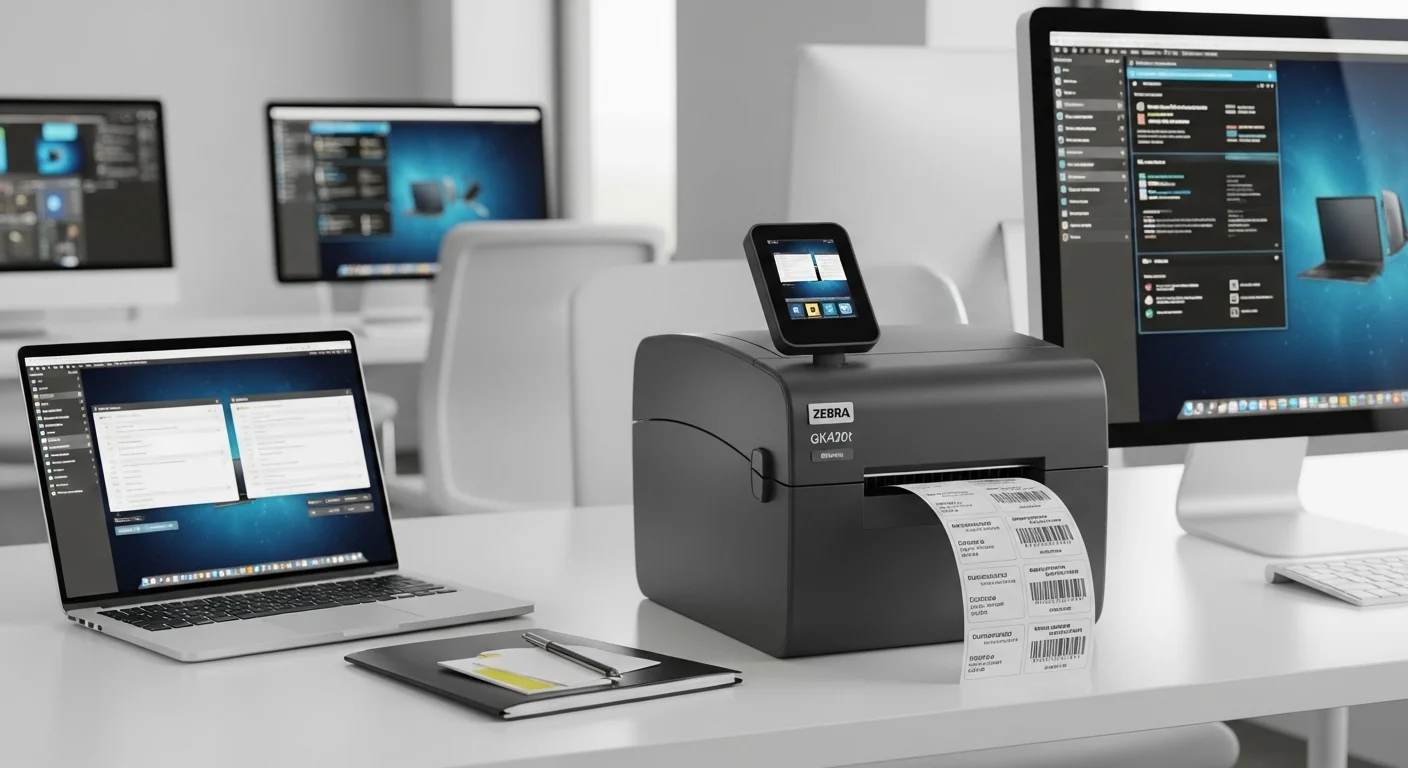 Impresora Zebra GK420t en un escritorio de oficina junto a una laptop y computadoras, imprimiendo etiquetas de envío para un negocio.