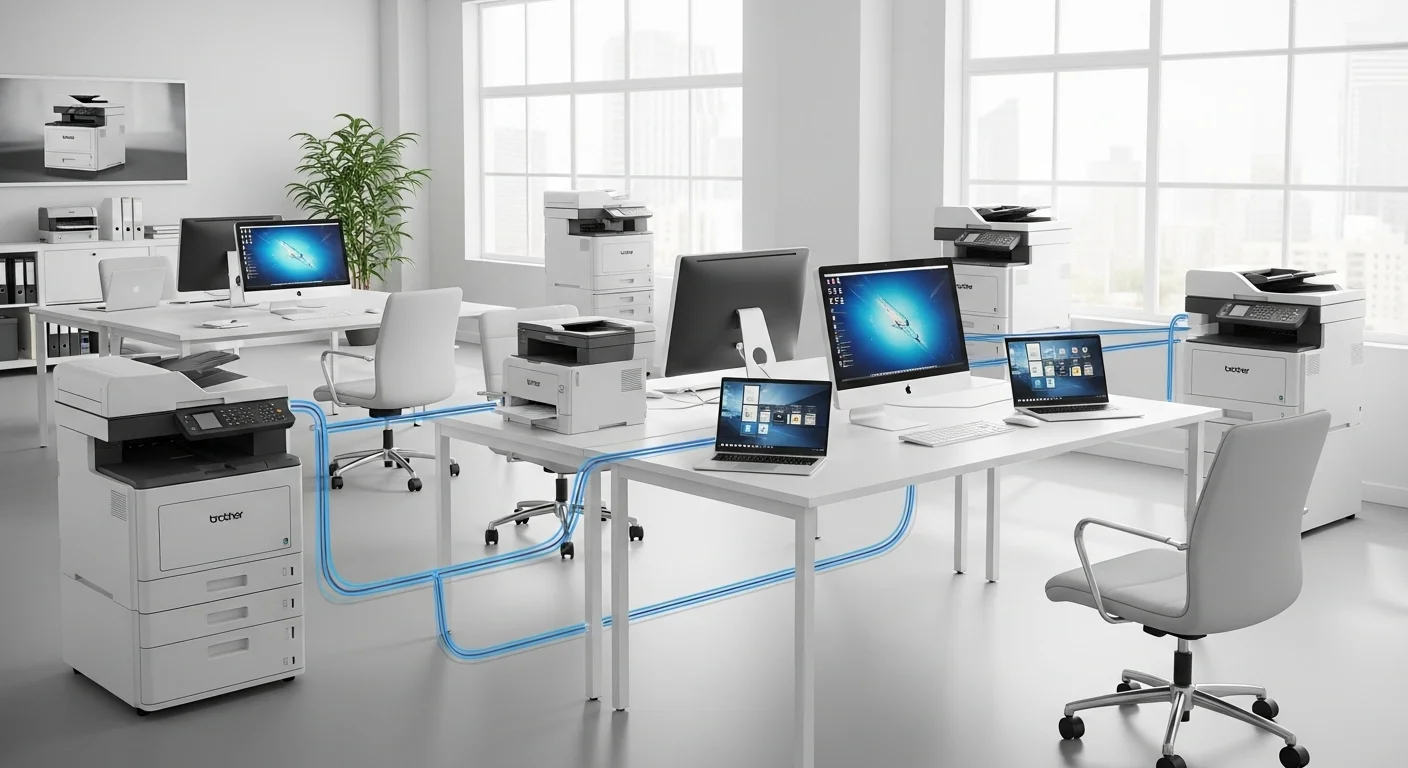 Una oficina moderna con varias impresoras Brother de la serie láser y de inyección de tinta conectadas en red a múltiples computadoras de escritorio y laptops.