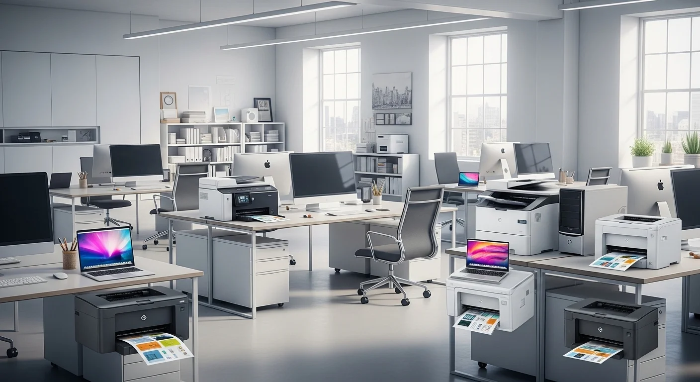 Varias impresoras económicas, incluyendo una multifuncional y una láser, junto a computadoras de escritorio y laptop en un entorno de oficina moderno.